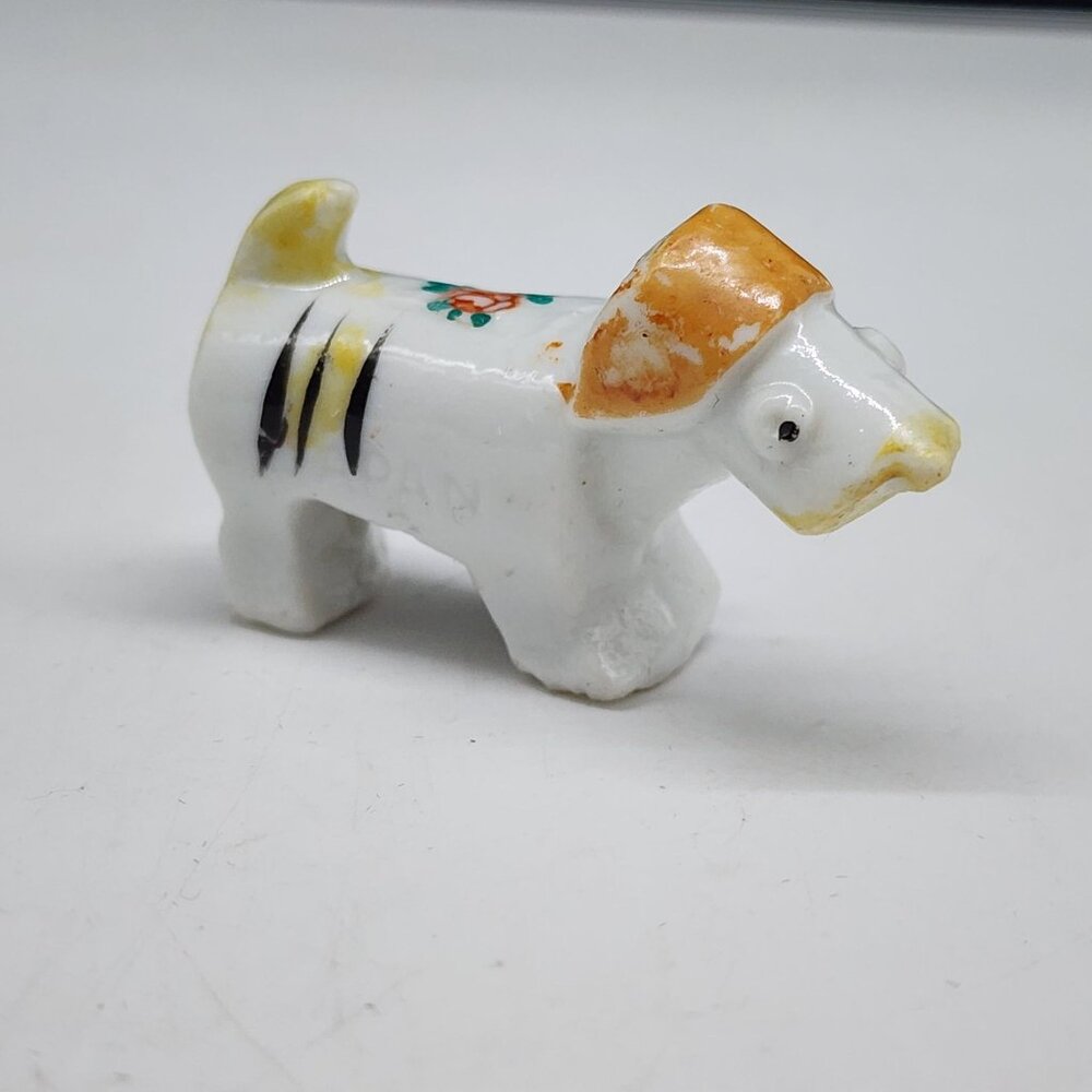 1950s Ceramic Fox Terrier Dog Figurine With Floral Design Orange Hat Japan